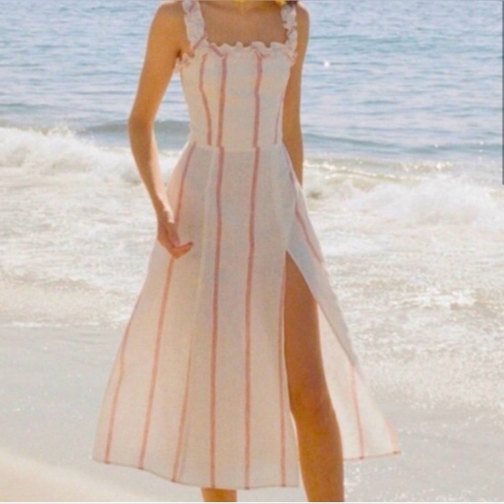 🌎🌱🌸REFORMATION Linen Lavender Striped Midi Dress in Red Licorice Cream - XS